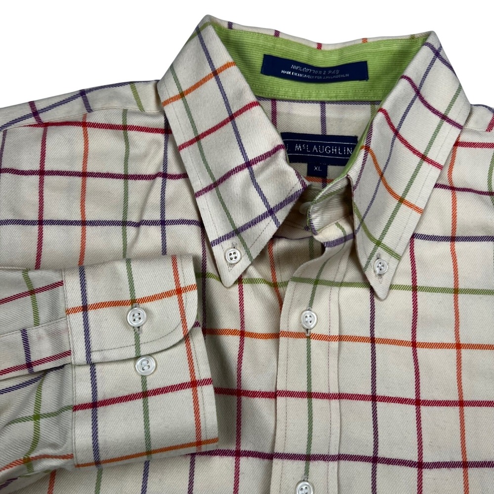 J. McLaughlin Mens XL Shirt 100% 2-Ply Cotton Tattersall Plaid Button Down Cream